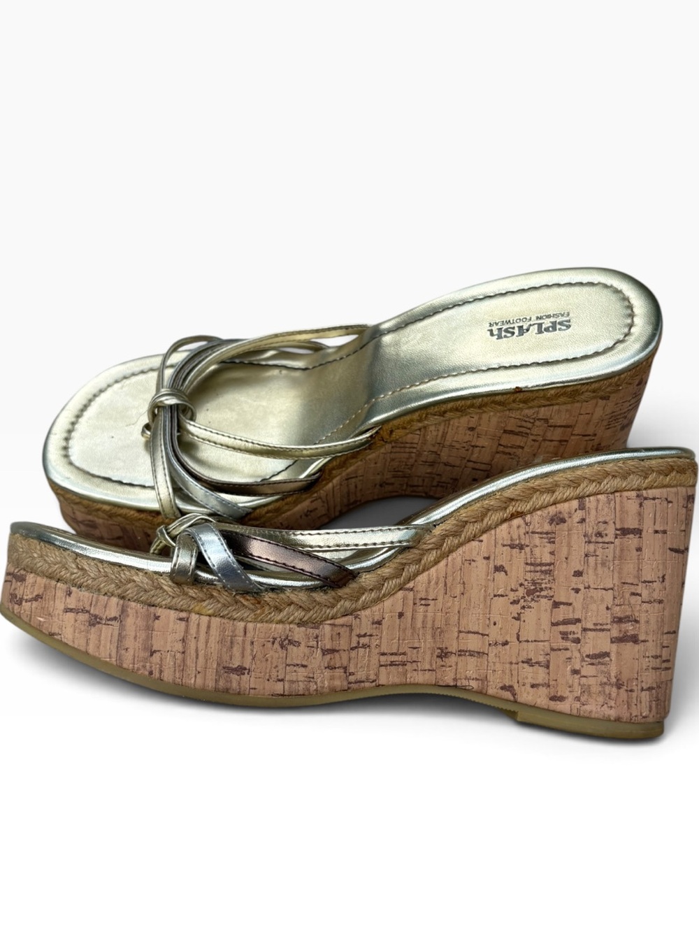 Y2K Splash Metallic Gold Cork Platform Wedge Sandals